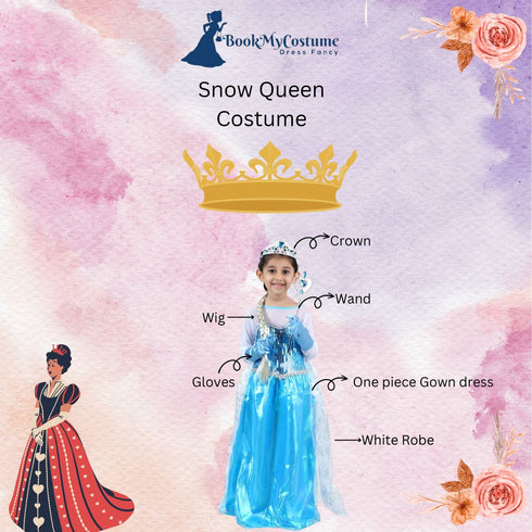 BookMyCostume Snow Queen with Gloves Wand Crown and Wig Accessories Frozen Fairy Tale Kids Fancy Dress Costume | Imported